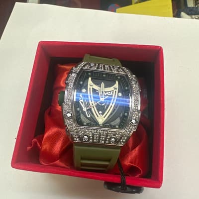 Iced Bezel Skeleton Watch With Olive Silicone Band