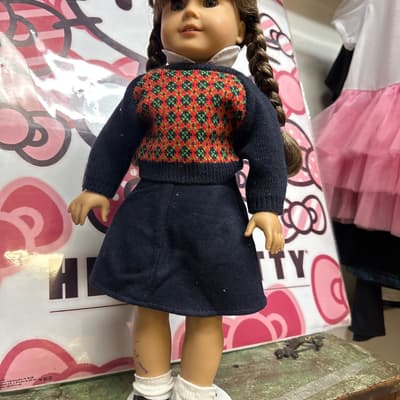 Braided-Hair Doll in Navy Skirt Set with Fair Isle Sweater