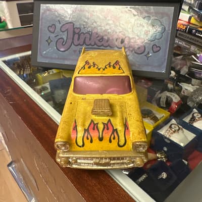 Vintage Yellow 1957 Chevy Hot Rod Racer Toy Car with Flames